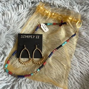 NWT multicolored beaded modern necklace and gold tone earrings set.